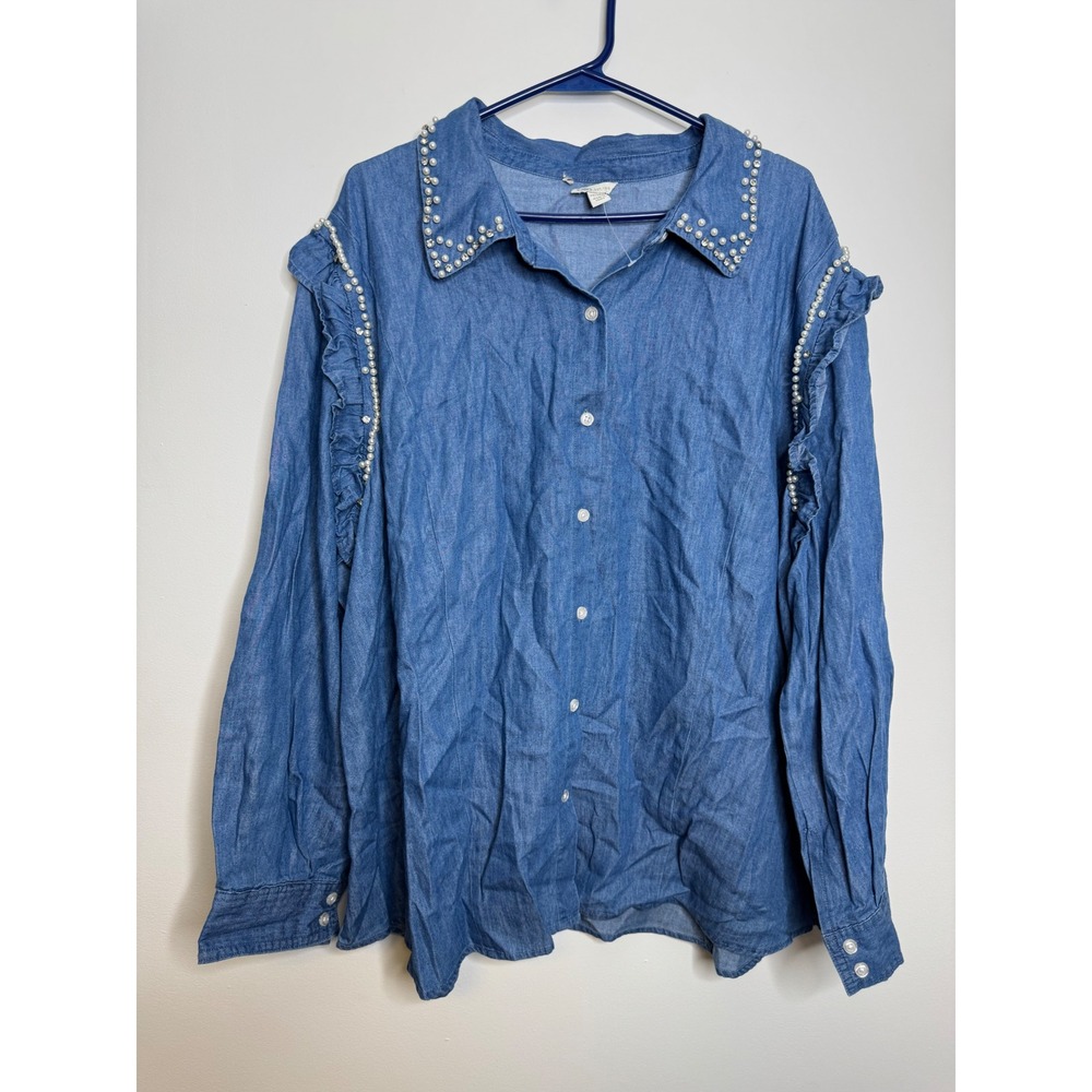 Cato Denim Top Womens 26/28W Blue Excellent Pearl Ruffle Chambray Button Down